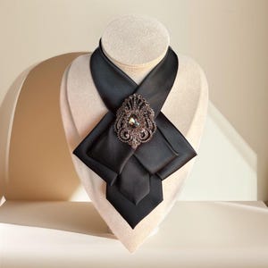 Black Necktie Necklace for Women- Handcrafted Bow tie accessory with Antique Brooch Pin- Perfect Gift for Mom - Business woman outfit