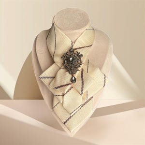Necktie Necklace for Women - Handmade Bow tie accessory with Antique Pin in Beige - Tie Women - Ladies Scarves, Fabric necklace - Brooch Tie