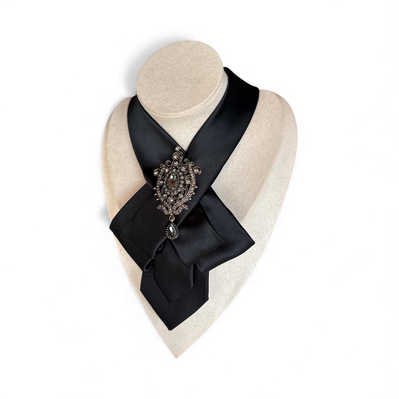 Black Necktie Necklace for Women - Handcrafted Bow tie accessory with Antique Brooch Pin- Perfect Gift for Mom - Ladies cravat scarf image 6