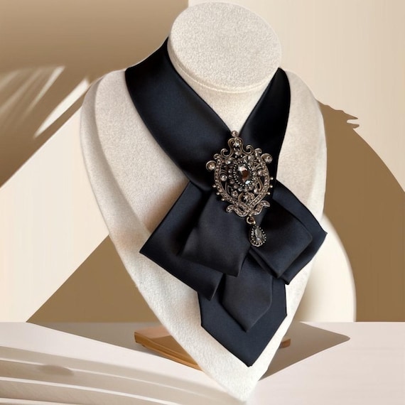 Black Necktie Necklace for Women- Handcrafted Bow tie accessory with Antique Brooch Pin- Perfect Gift for Mom - Ladies cravat scarf