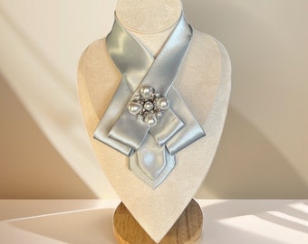 Gray Necktie for Women with  Brooch - Silver Bow Tie for Women - Fashion Tie for women - Women's necktie necklace Gift for Mom or Friend