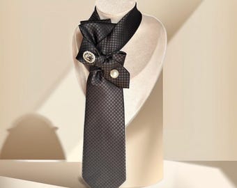 Brown Necktie Necklace for Women- Handcrafted Bow tie accessory with Brooch Pin- Perfect Gift for Mom - Ladies cravat scarf