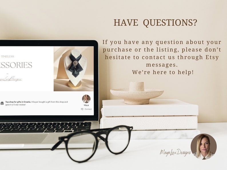 May include: A laptop displays a jewelry listing with a black and gray neck accessory on a mannequin. The text "TIMELESS ACCESSORIES" is visible. The image also shows a stack of white books, a decorative object, and black-framed glasses.