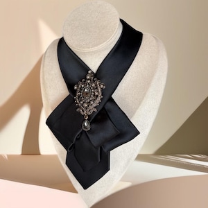 Black Necktie Necklace for Women - Handcrafted Bow tie accessory with Antique Brooch Pin- Perfect Gift for Mom - Ladies cravat scarf image 4