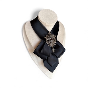 Black Necktie Necklace for Women - Handcrafted Bow tie accessory with Antique Brooch Pin- Perfect Gift for Mom - Ladies cravat scarf image 7