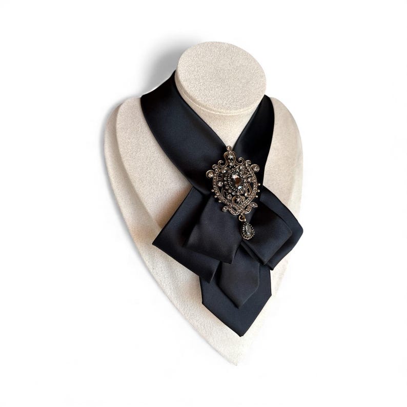 Black Necktie Necklace for Women - Handcrafted Bow tie accessory with Antique Brooch Pin- Perfect Gift for Mom - Ladies cravat scarf image 7