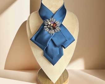 Blue Satin Tie for Women  with brooch | Royal Blue Bow tie - Woman tie | Stylish Neck Accessories | Women's necktie necklace | Gift for Mom