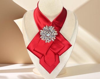 Women's Red Necktie with Brooch - Unique Bow tie for women - Work Accessory, Ideal Gift for Mom or Coworker - Red Tie Necklace for Women
