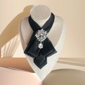 Elegant Necktie Necklace for Women - Handcrafted Bow tie accessory with Brooch  in Black - Perfect Gift for Business Woman - Wedding Outfit