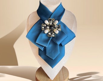 Blue Bow Tie with Brooch Pin for women -  Necktie necklace for Women, Stylish Fashion Tie for women - Women's necktie - Unique Gift for Mom