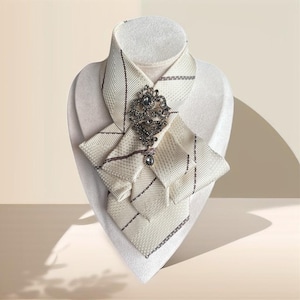 Elegant Necktie Necklace for Women - Handmade Bow tie accessory with Antique Pin in Beige - Brooch necktie -  Tie Women - Gift for Her