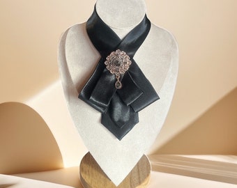 Black Necktie Necklace for Women - Bow tie for women - Elegant Women's Tie Accessory Unique Accessory with Antique Brooch, Perfect Gift Idea