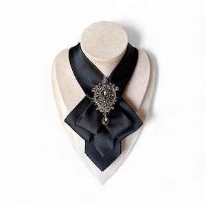 Black Necktie Necklace for Women - Handcrafted Bow tie accessory with Antique Brooch Pin- Perfect Gift for Mom - Ladies cravat scarf image 9