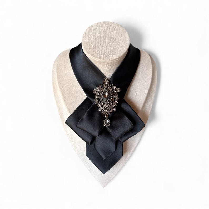 Black Necktie Necklace for Women - Handcrafted Bow tie accessory with Antique Brooch Pin- Perfect Gift for Mom - Ladies cravat scarf image 9