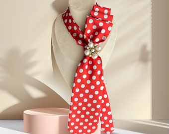 Women's Red Polka Dot Necktie Necklace - Bow Tie with Brooch - Unique Necktie for women - Elegant Fashion Tie for women - Stylish Mom Gift