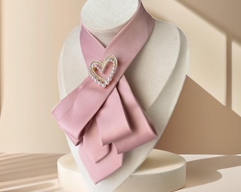 Rose Necktie Necklace for Women- Handcrafted Bow tie accessory with Antique Brooch Pin- Perfect Gift for Mom - Ladies cravat scarf