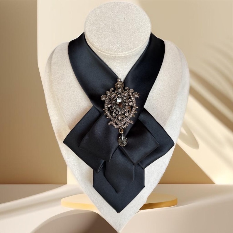 Black Necktie Necklace for Women - Handcrafted Bow tie accessory with Antique Brooch Pin- Perfect Gift for Mom - Ladies cravat scarf image 5