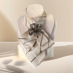 Elegant Necktie Necklace for Women - Handmade Bow tie accessory with Antique Pin in Beige - Brooch necktie -  Tie Women - Gift for Her