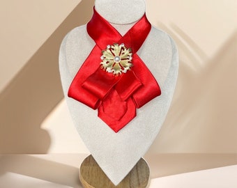 Women's Red Necktie with Brooch - Unique Bow tie for women - Work Accessory, Ideal Gift for Mom or Coworker - Red Tie Necklace for Women