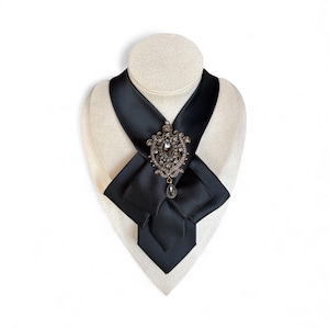 Black Necktie Necklace for Women - Handcrafted Bow tie accessory with Antique Brooch Pin- Perfect Gift for Mom - Ladies cravat scarf image 8