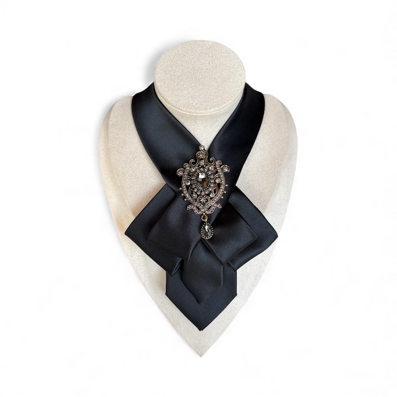 Black Necktie Necklace for Women - Handcrafted Bow tie accessory with Antique Brooch Pin- Perfect Gift for Mom - Ladies cravat scarf image 8