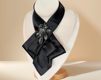 Black Necktie Necklace for Women - Handmade Bow tie accessory with Brooch Crystal Pin  - Brooch necktie -  Tie Women - Female Cravat