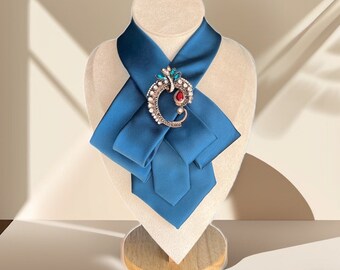 Blue Bow Tie with Brooch Pin for women -  Necktie necklace for Women, Stylish Fashion Tie for women - Women's necktie - Unique Gift for Mom