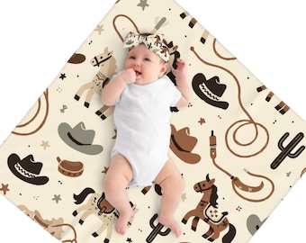 Baby Bundle: Cowboy Western Style Headbands and Swaddle Blanket Set for Newborns, Nursery Decor