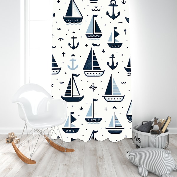 Nursery Blackout Curtains - Nautical Curtain Panel, Sailing Boats Anchors Print, Sea Theme