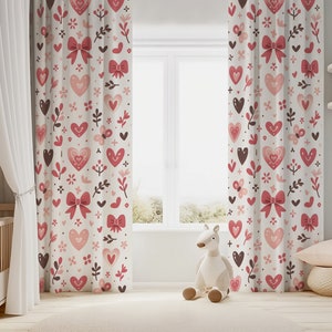 Nursery Curtains with Pink Hearts & Bows - Chic Minimalist Girl's Room Decor, Perfect Baby Shower Gift