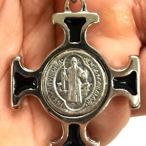 St. Benedict Black Enamel Keychain, Silver-tone Metal, St. Benedict Cross Keychain Made in Italy, Catholic Gift and Souvenir from Italy