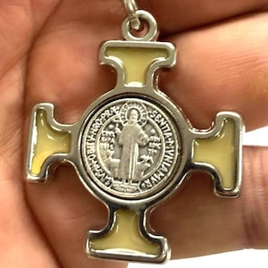 St. Benedict Luminous Keychain, Silver-tone Metal, Glow-in-the-Dark St. Benedict Cross Made in Italy, Catholic Gift and Souvenir from Italy
