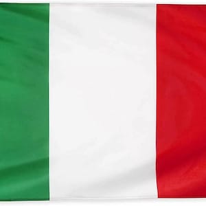 May include: A green, white, and red Italian flag. The flag is made of fabric and is slightly waving.