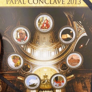 Papal Conclave 2013 Pope Francis Collectible 7-Coin Italian Lire Exclusive Franklin Mint Set, A wonderful Vatican Souvenir & Catholic Gift.