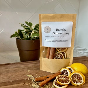 Puede incluir: Una bolsa de papel marrón con una etiqueta blanca que dice "Breathe Simmer Pot" y enumera los ingredientes: Limón, Romero, Eucalipto, Canela. La bolsa contiene rodajas de limón secas, palitos de canela y hojas de eucalipto.