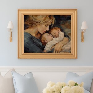 Mother&#39;s Day Painting Picture Printable Art, Mother&#39;s Day Art, Printable Art for Mother&#39;s Day, Digital Art Mother&#39;s Day, Mom and Two Babies