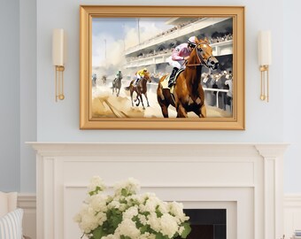 Horse Racing Painting Printable Art, Kentucky Horses Derby Horse Riding Watercolor Horse Lovers Painting Art Instant Download