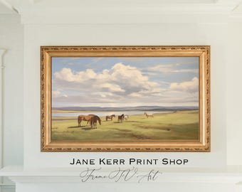 Horse Farm Painting for TV Art, Wild Horses, Riding Oil Painting Horse Lovers Painting for TV Frame Art Instant Download Equestrian TV Art
