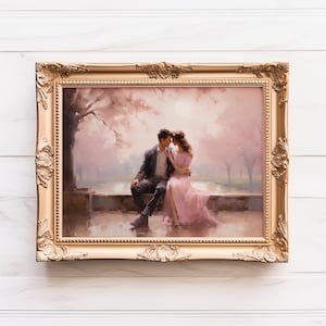 Painting of a Couple in Love in the Spring On a Bench with Cherry Blossoms Printable Digital Art