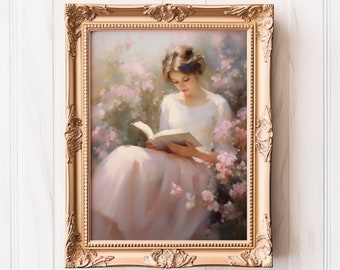 Painting of Brunette Woman With White and Pink Dress Reading Among Pink Flower Filled Field Digital Printable Download