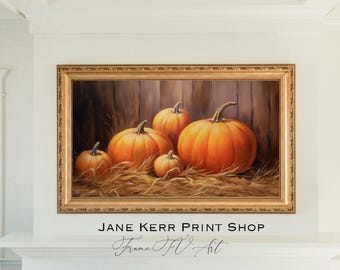 Vintage Pumpkin Frame TV Art, Fall Decor, Frame TV Wall Art, Rustic Autumn Pumpkin Patch Painting Barn, Botanical Country Halloween TV art