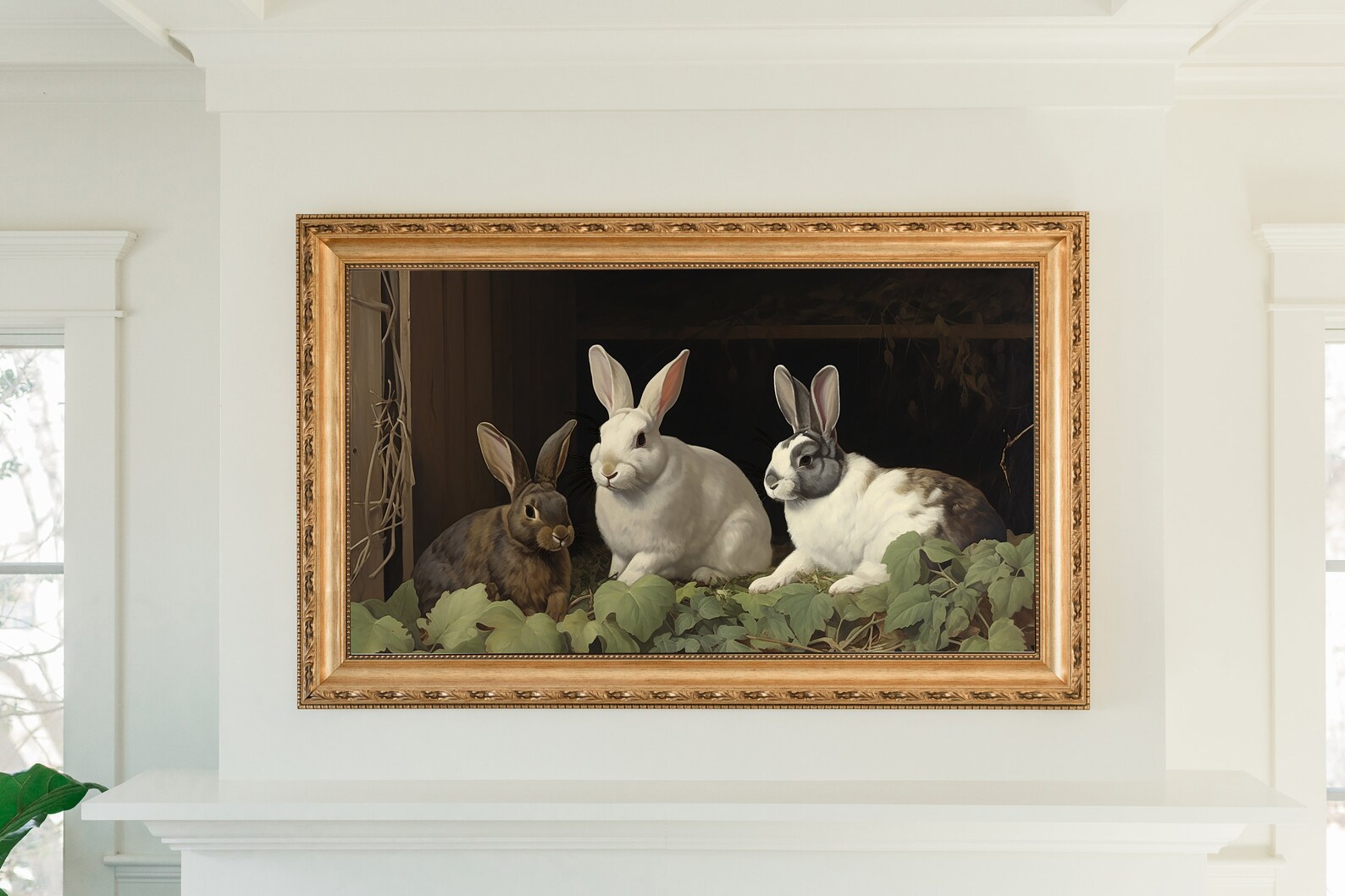 Painting of Three Bunny Rabbits on a Bed of Green Leaves in a Barn ...
