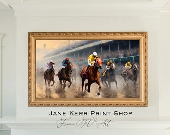 Horse Racing Painting for TV Art, Kentucky Horses Derby Horse Riding Watercolor Horse Lovers Painting for TV Frame Art Instant Download