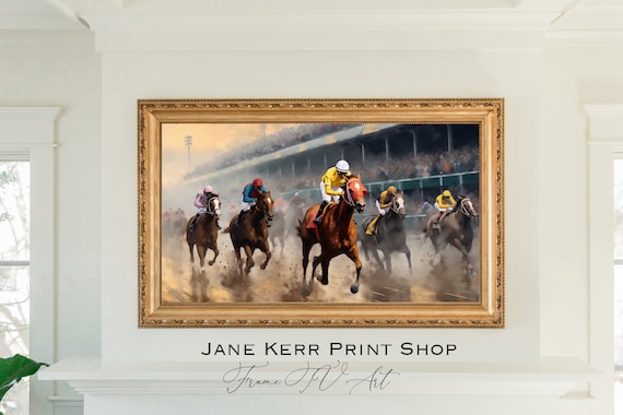 Horse Racing Painting for TV Art, Kentucky Horses Derby Horse Riding Watercolor Horse Lovers Painting for TV Frame Art Instant Download