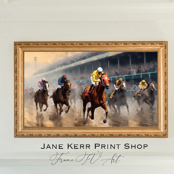 Horse Racing Painting for TV Art, Kentucky Horses Derby Horse Riding Watercolor Horse Lovers Painting for TV Frame Art Instant Download