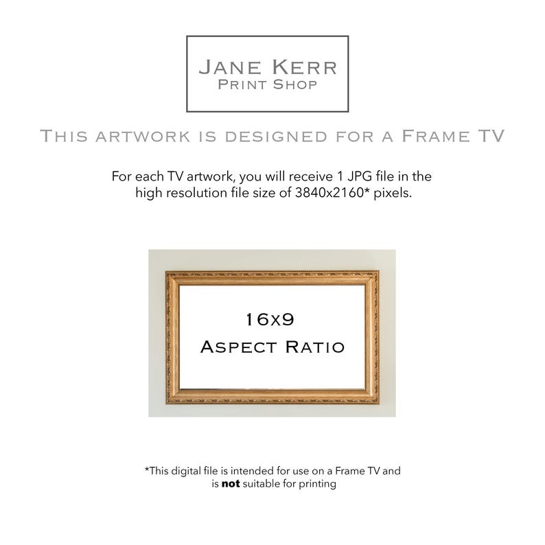 May include: A gold-colored frame with the text "16x9 ASPECT RATIO" inside. This digital artwork is designed for a Frame TV and is not suitable for printing. The artwork is available in a high-resolution file size of 3840x2160 pixels.