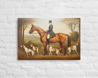 Fox Hunt on a Horse Wall Art, Vintage Horse Canvas, Farmhouse Wall Art, Canvas Wall Art,  Vintage Canvas Print, Dog Art
