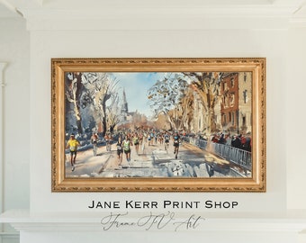 Watercolor Painting of a Marathon going down city streets 5k 10k half Boston NYC Chicago Runners Runner Fitness Art for Samsung Frame TV