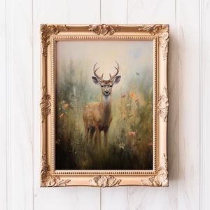 Painting of a Deer with Antlers in Spring Flower Filled Field Digital Printable Art Download