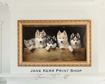 Siberian Husky Oil Painting Five Dogs in a Box Digital Art for Samsung Frame TV
